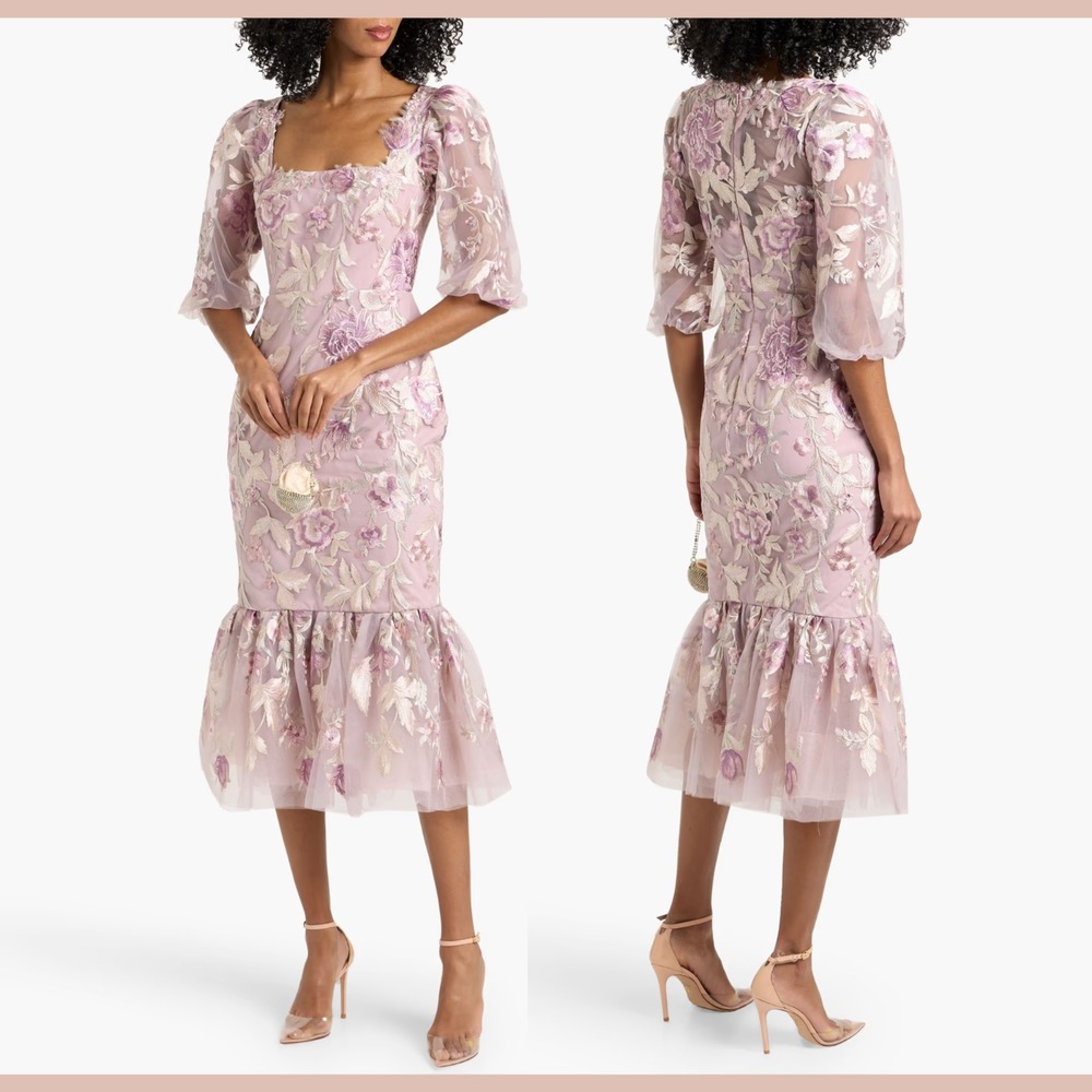 NEW $795 Marchesa Notte [ 6 ] Embroidered Puff Sleeve Midi Dress Rose Pink J2151
